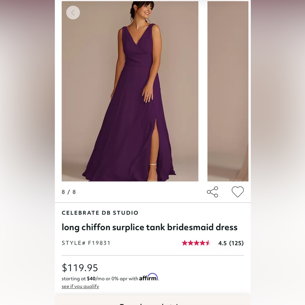 Davids Bridal | Bridesmaid Dress with Slit | Color: Plum| Size: 12